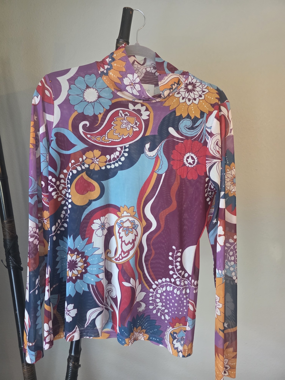 Johnny Was Jade Purple Multi Floral Paisley Mock-Neck Long Sleeve Top Size Large